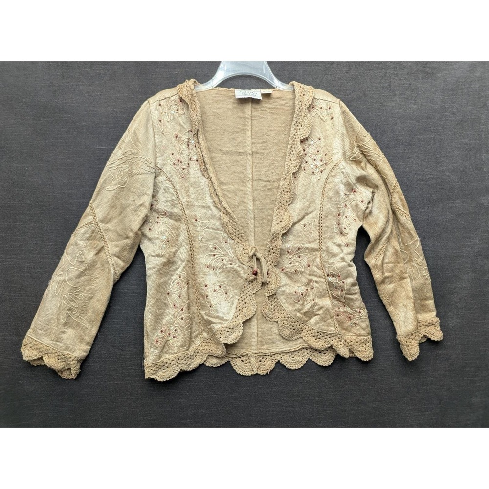 Flashback Couture Tan Woven Jacket Beaded Sequined Crochet Boho Lagenlook M